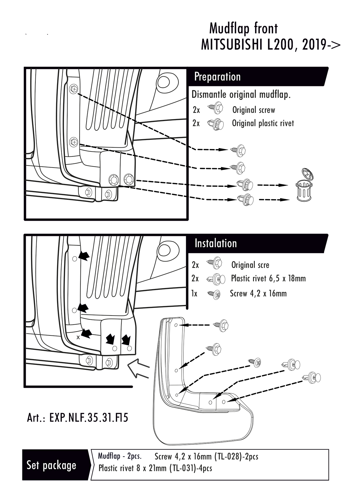 Zástěrky, lapače nečistot, Mitsubishi L200, 2019- , přední