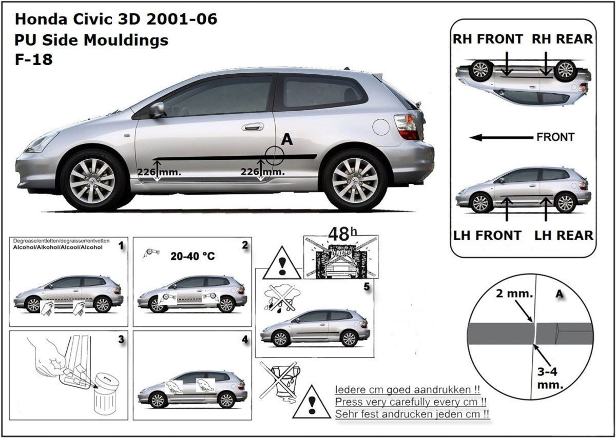 Ochranné boční lišty na dveře, Honda Civic VII, 2001-2005, 3 dveř.