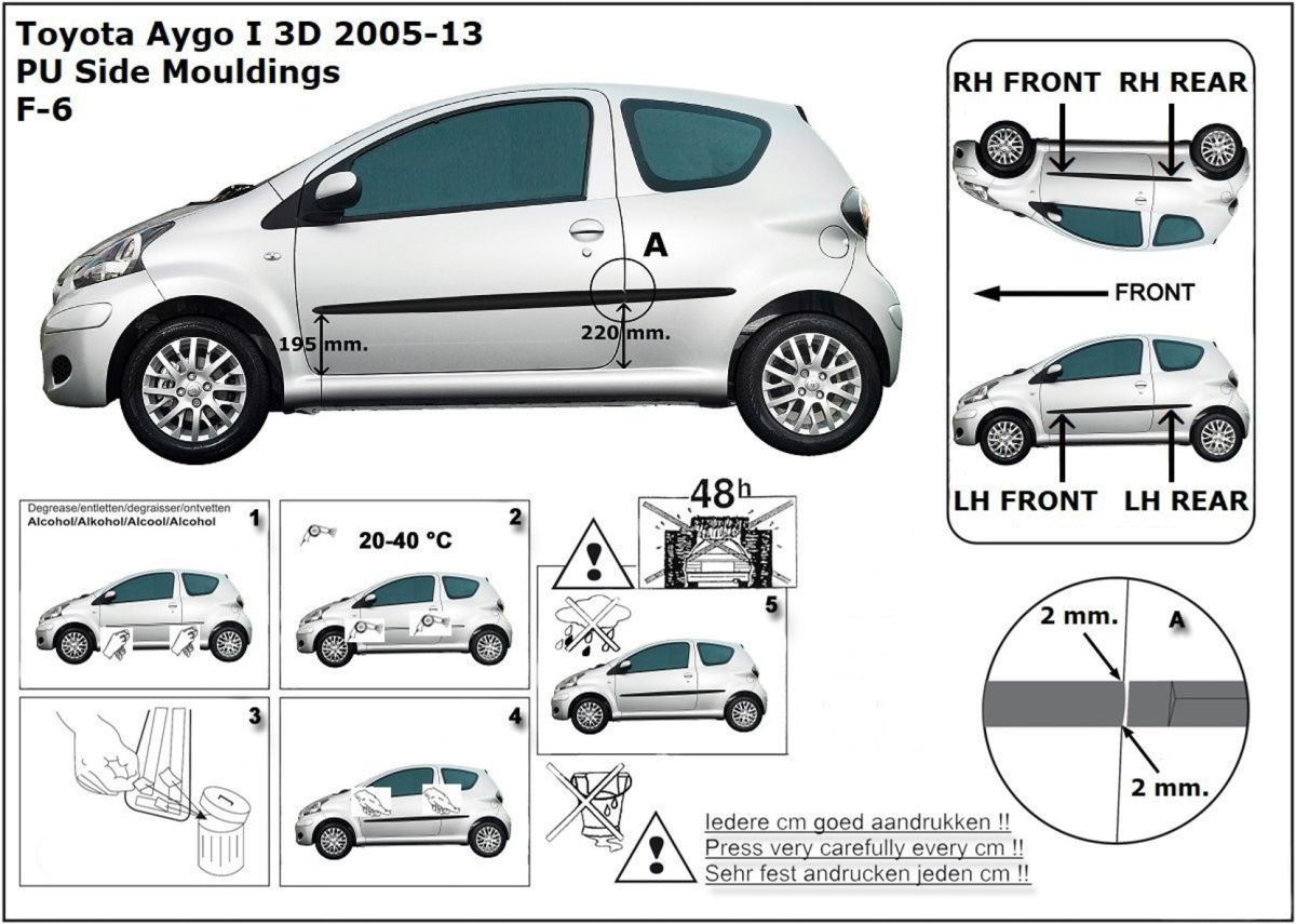 Ochranné boční lišty na dveře, Toyota Aygo, 2005-2014, 3 dveř.