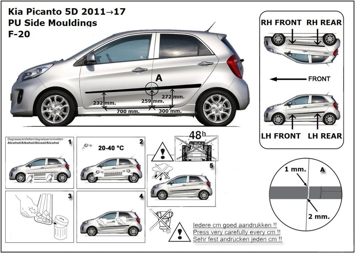 Ochranné boční lišty na dveře, Kia Picanto II, 2011-2017, 5-dveř.