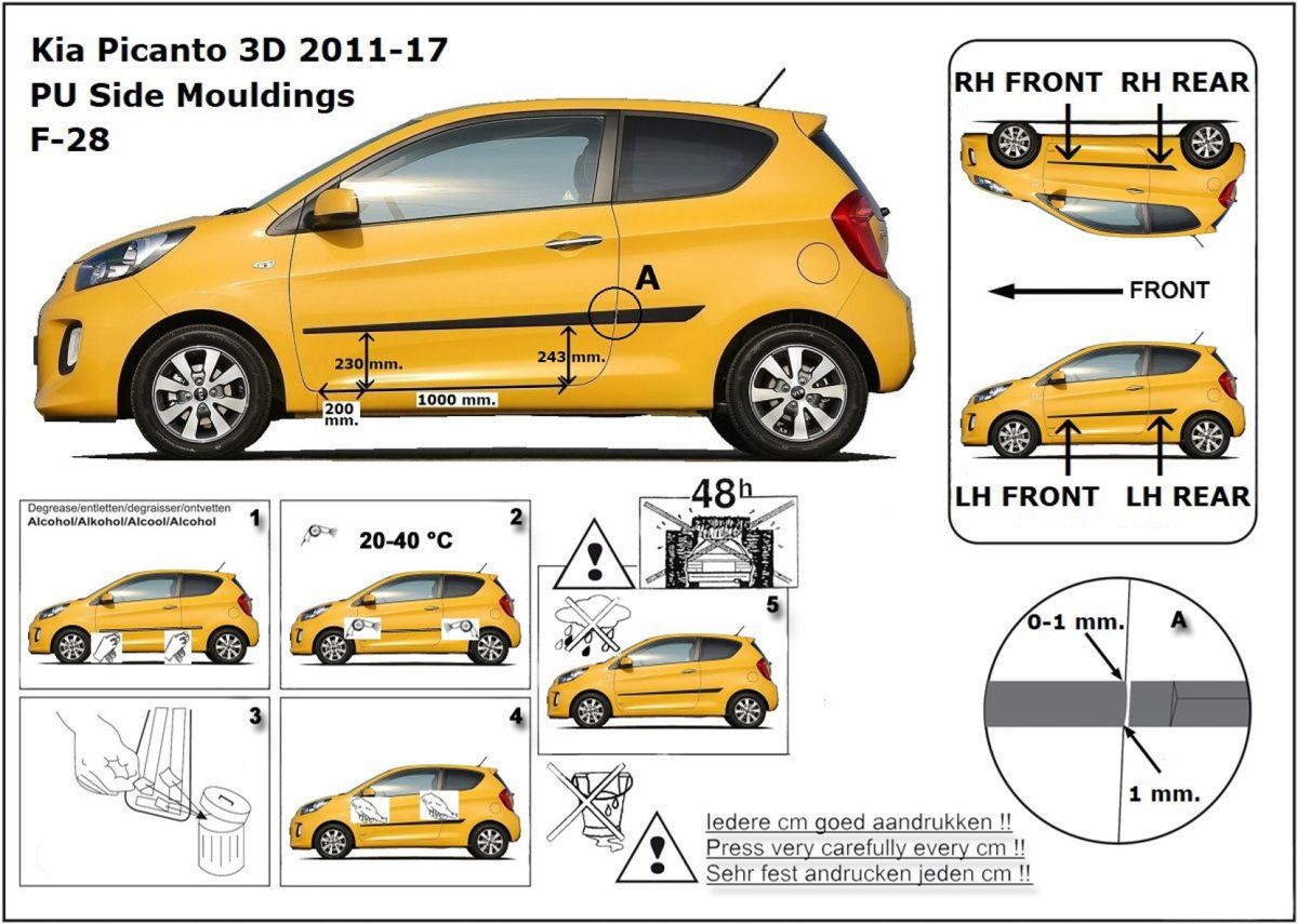Ochranné boční lišty na dveře, Kia Picanto II, 2011-2017, 3-dveř.