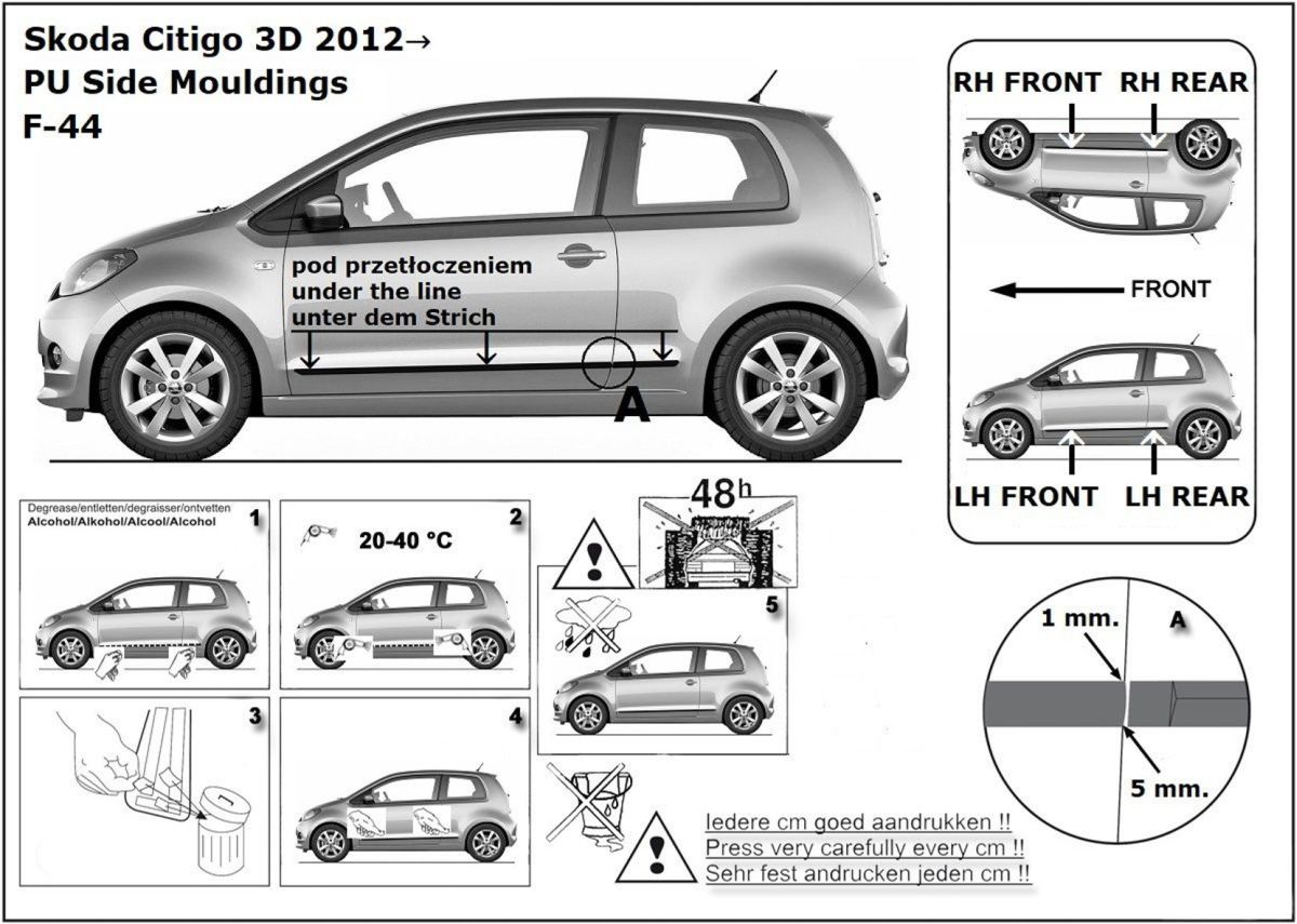 Ochranné boční lišty na dveře, Škoda Citigo, 2011-2019, 3 dveř.