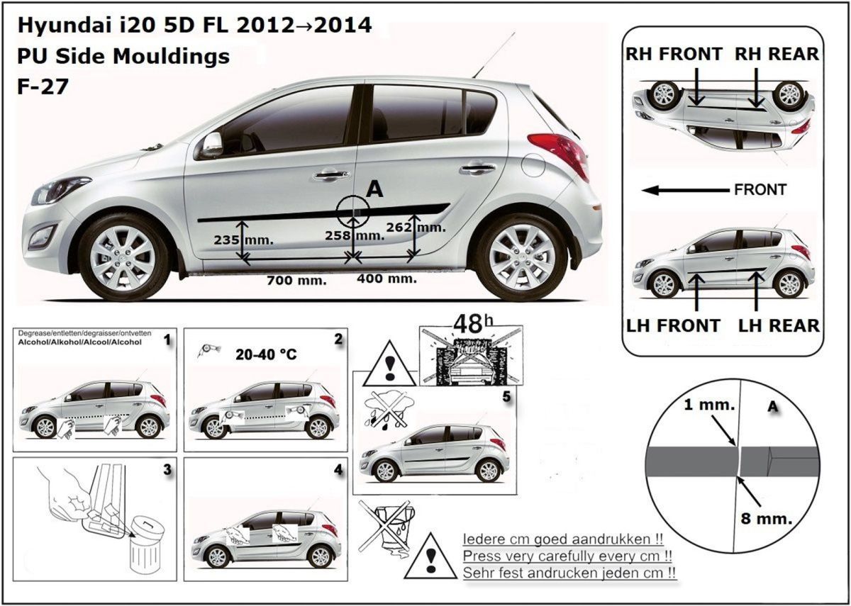 Ochranné boční lišty na dveře, Hyundai i20, 2012-2014, Facelift, 5-dveř.