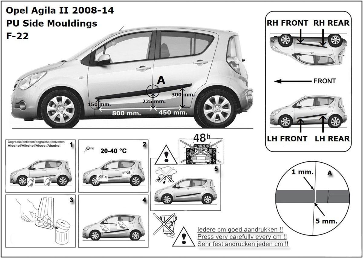 Ochranné boční lišty na dveře, Opel Agila II, 2008-2014