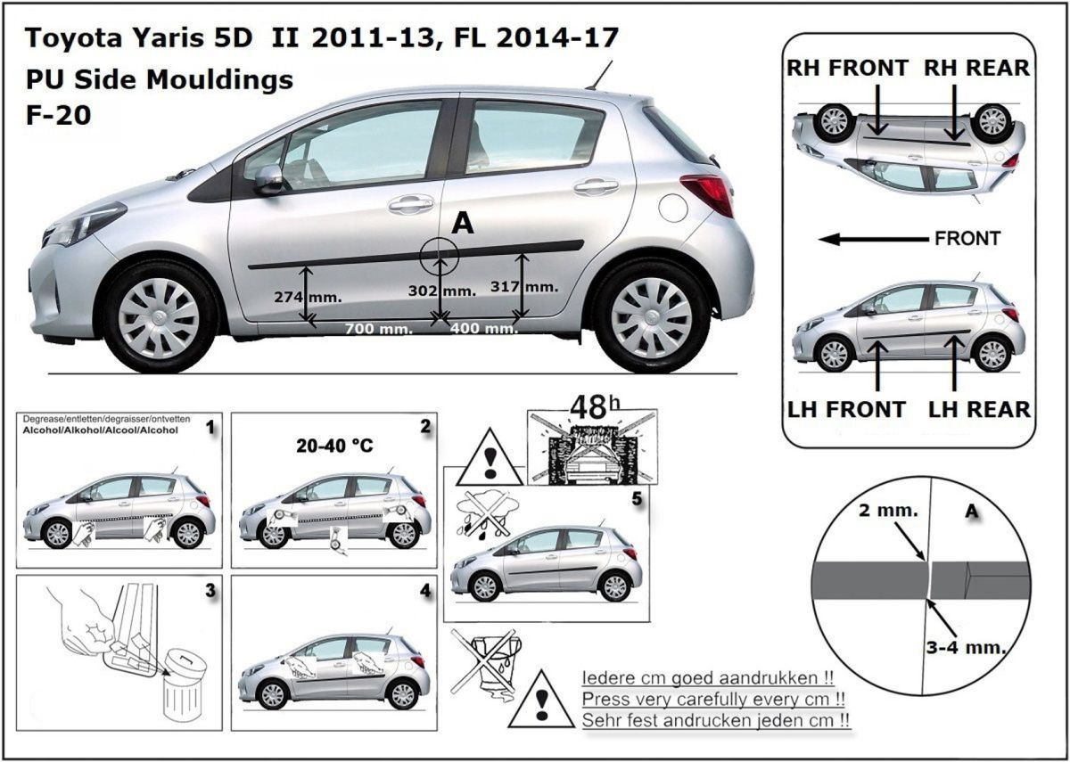 Ochranné boční lišty na dveře, Toyota Yaris III, 2015-2016, 5 dveř.