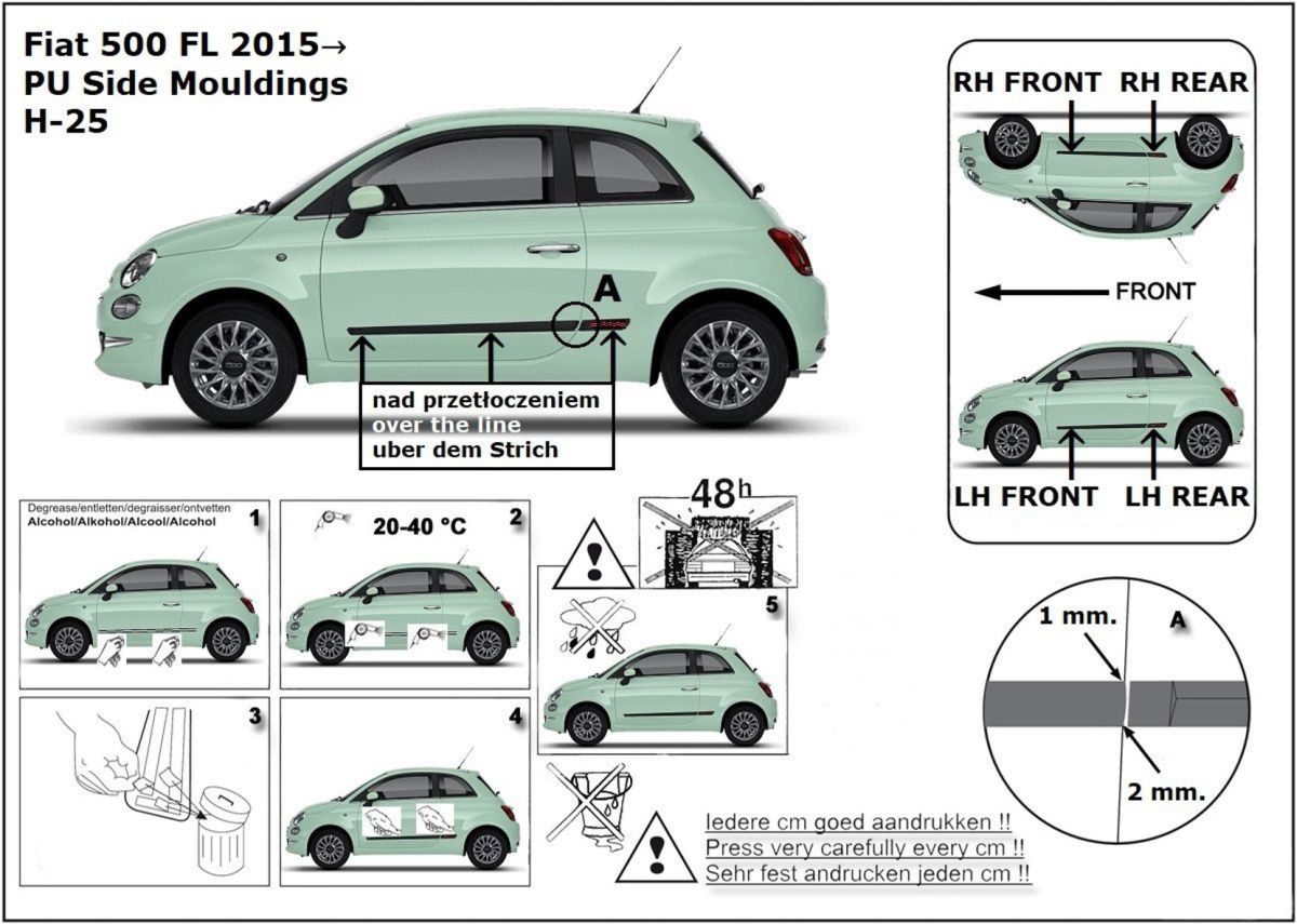 Ochranné boční lišty na dveře, Fiat 500, 2015-, HTB, Facelift