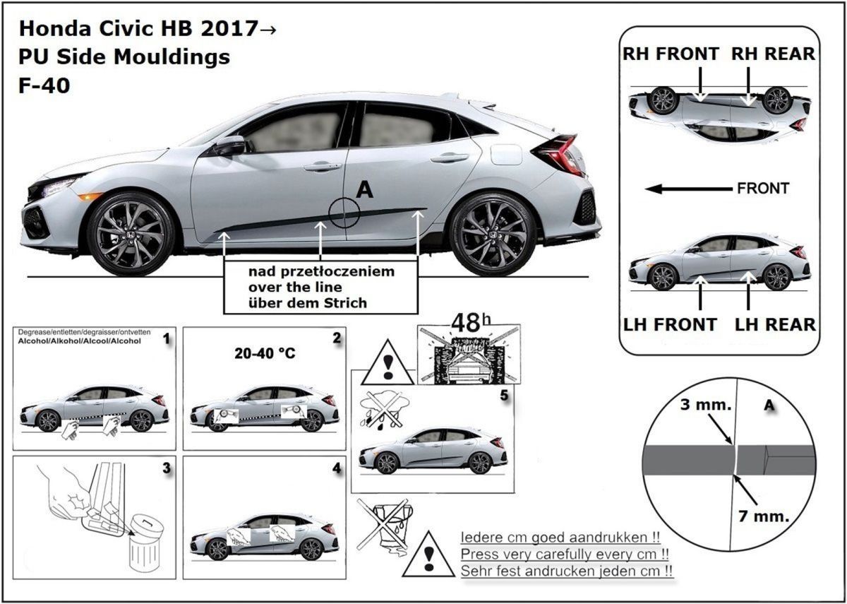Ochranné boční lišty na dveře, Honda Civic X, 2017-2021, 5 dveř., Hatchback